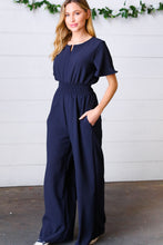 Load image into Gallery viewer, Dark Blue Smocked Waist Notch Neck Crepe Jumpsuit