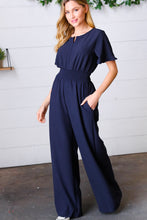 Load image into Gallery viewer, Dark Blue Smocked Waist Notch Neck Crepe Jumpsuit