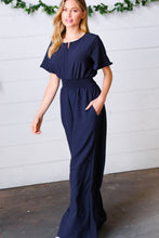 Load image into Gallery viewer, Dark Blue Smocked Waist Notch Neck Crepe Jumpsuit