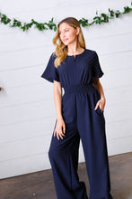 Load image into Gallery viewer, Dark Blue Smocked Waist Notch Neck Crepe Jumpsuit