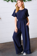 Load image into Gallery viewer, Dark Blue Smocked Waist Notch Neck Crepe Jumpsuit