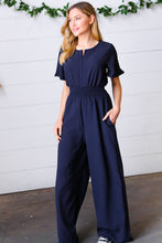 Load image into Gallery viewer, Dark Blue Smocked Waist Notch Neck Crepe Jumpsuit