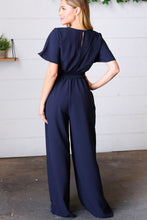 Load image into Gallery viewer, Dark Blue Smocked Waist Notch Neck Crepe Jumpsuit