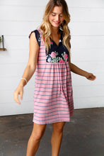 Load image into Gallery viewer, Pink Floral & Striped Yoke Babydoll Dress