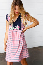 Load image into Gallery viewer, Pink Floral & Striped Yoke Babydoll Dress