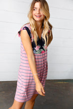 Load image into Gallery viewer, Pink Floral & Striped Yoke Babydoll Dress