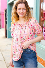 Load image into Gallery viewer, Peach Floral Front Keyhole Elastic Short Sleeve Top