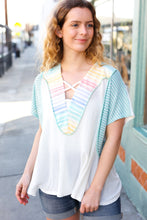 Load image into Gallery viewer, Cream Multi Stripe Lace Up Neck Color Block Top
