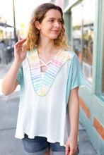 Load image into Gallery viewer, Cream Multi Stripe Lace Up Neck Color Block Top
