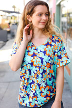 Load image into Gallery viewer, Blue & Orange Flat Floral V Neck Top