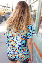Load image into Gallery viewer, Blue & Orange Flat Floral V Neck Top