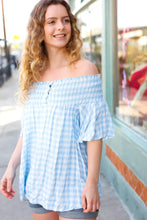 Load image into Gallery viewer, Blue Gingham Smocked Button Off Shoulder Top