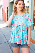 Load image into Gallery viewer, Sky Blue Three-Quarter Sleeve Floral Peplum Babydoll Top