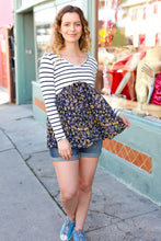 Load image into Gallery viewer, Cream & Navy Floral Stripe V Neck Colorblock Top