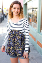 Load image into Gallery viewer, Cream & Navy Floral Stripe V Neck Colorblock Top