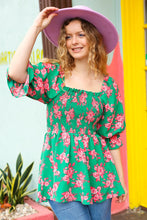Load image into Gallery viewer, Sumptuous In Smocked Green & Coral Flower Print Babydoll Top