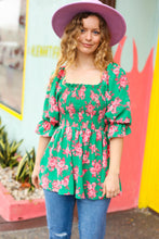 Load image into Gallery viewer, Sumptuous In Smocked Green & Coral Flower Print Babydoll Top