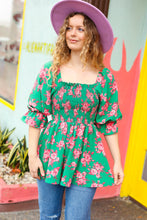 Load image into Gallery viewer, Sumptuous In Smocked Green & Coral Flower Print Babydoll Top