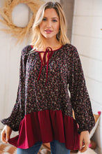 Load image into Gallery viewer, Wine Ditzy Floral Front Tie Ruffle Hem Top