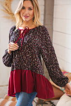 Load image into Gallery viewer, Wine Ditzy Floral Front Tie Ruffle Hem Top