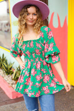 Load image into Gallery viewer, Sumptuous In Smocked Green & Coral Flower Print Babydoll Top