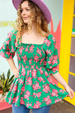 Load image into Gallery viewer, Sumptuous In Smocked Green & Coral Flower Print Babydoll Top