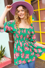 Load image into Gallery viewer, Sumptuous In Smocked Green & Coral Flower Print Babydoll Top