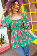 Load image into Gallery viewer, Sumptuous In Smocked Green & Coral Flower Print Babydoll Top