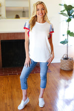 Load image into Gallery viewer, Patriotic Pom Pom Lace Flutter Sleeve Top