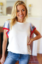 Load image into Gallery viewer, Patriotic Pom Pom Lace Flutter Sleeve Top