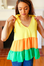 Load image into Gallery viewer, Yellow & Tangerine Tiered Shoulder Tie Crepe Top