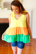 Load image into Gallery viewer, Yellow & Tangerine Tiered Shoulder Tie Crepe Top