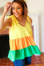 Load image into Gallery viewer, Yellow & Tangerine Tiered Shoulder Tie Crepe Top