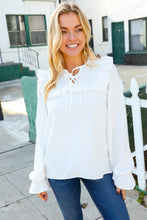 Load image into Gallery viewer, Eyes On You Ivory Ribbon Tie Bow Square Neck Ruffle Bubble Sleeve Blouse