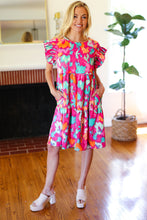 Load image into Gallery viewer, Look of Love Fuchsia Abstract Floral Print Smocked Ruffle Sleeve Dress