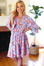 Load image into Gallery viewer, Love Found Blue & Lavender Ikat Print V Neck Dress
