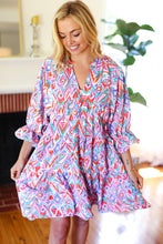 Load image into Gallery viewer, Love Found Blue & Lavender Ikat Print V Neck Dress