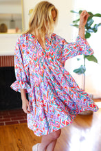 Load image into Gallery viewer, Love Found Blue & Lavender Ikat Print V Neck Dress