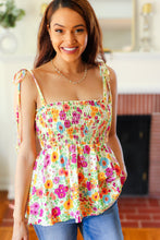 Load image into Gallery viewer, Sunny Days Yellow Floral Smocked Shoulder Tie Top