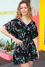 Load image into Gallery viewer, Black & Floral Surplice Short Sleeve Pocketed Romper