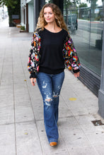 Load image into Gallery viewer, Diva Dreams Black Floral Sequin Mesh Sleeve Rib Knit Top