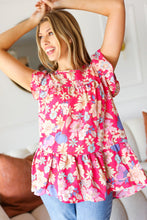 Load image into Gallery viewer, Fuchsia Floral Yoke Flutter Sleeve Back Neck Button Top