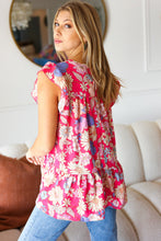 Load image into Gallery viewer, Fuchsia Floral Yoke Flutter Sleeve Back Neck Button Top