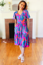 Load image into Gallery viewer, Remember Me Blue & Fuchsia Geo Print V Neck Dress