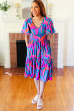 Load image into Gallery viewer, Remember Me Blue & Fuchsia Geo Print V Neck Dress