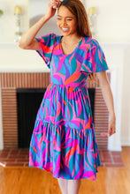 Load image into Gallery viewer, Remember Me Blue & Fuchsia Geo Print V Neck Dress