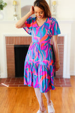 Load image into Gallery viewer, Remember Me Blue & Fuchsia Geo Print V Neck Dress