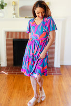 Load image into Gallery viewer, Remember Me Blue & Fuchsia Geo Print V Neck Dress