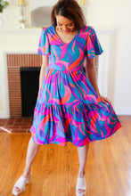 Load image into Gallery viewer, Remember Me Blue & Fuchsia Geo Print V Neck Dress