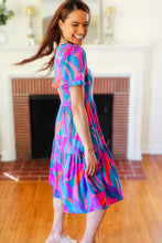 Load image into Gallery viewer, Remember Me Blue & Fuchsia Geo Print V Neck Dress